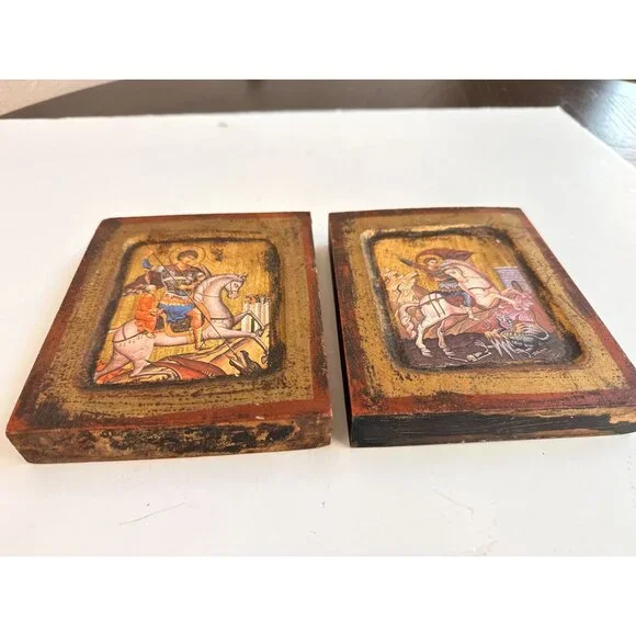 Vtg Saint George Slay the Dragon Horse Religious Art Wooden Wall Hangings Italia